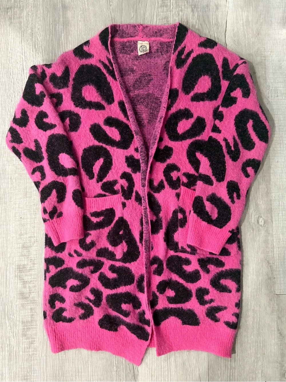 Women’s Open-Front Hot Pink Leopard Cardigan with Pockets